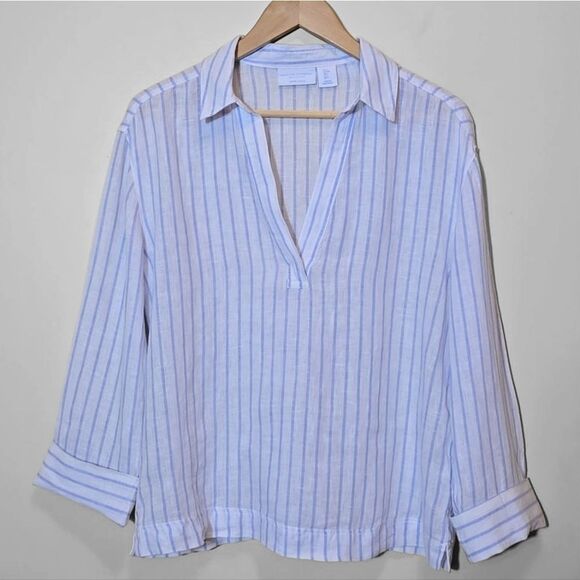 Martha Stewart 100% Linen Popover Top Size Small Nautical Coastal Stealth Wealth - Picture 1 of 10